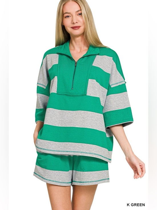 Zenana Outfitters Tops - Zenana Frenchterry Striped Half Zip Top & Shorts Set